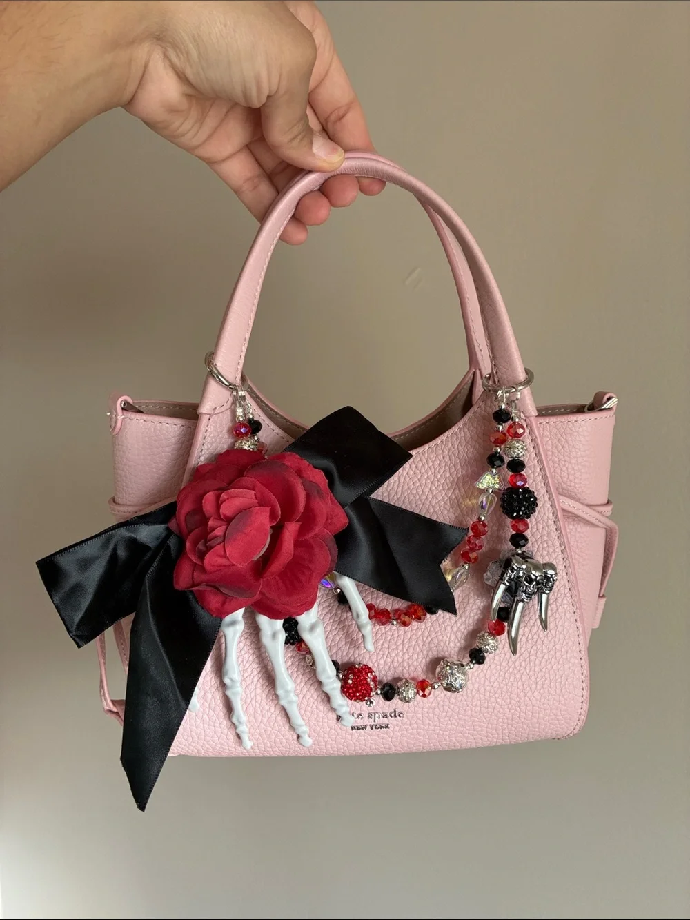 Red Floral Ribbon Statement Skeleton Hand Keychain Beaded Bag Chain